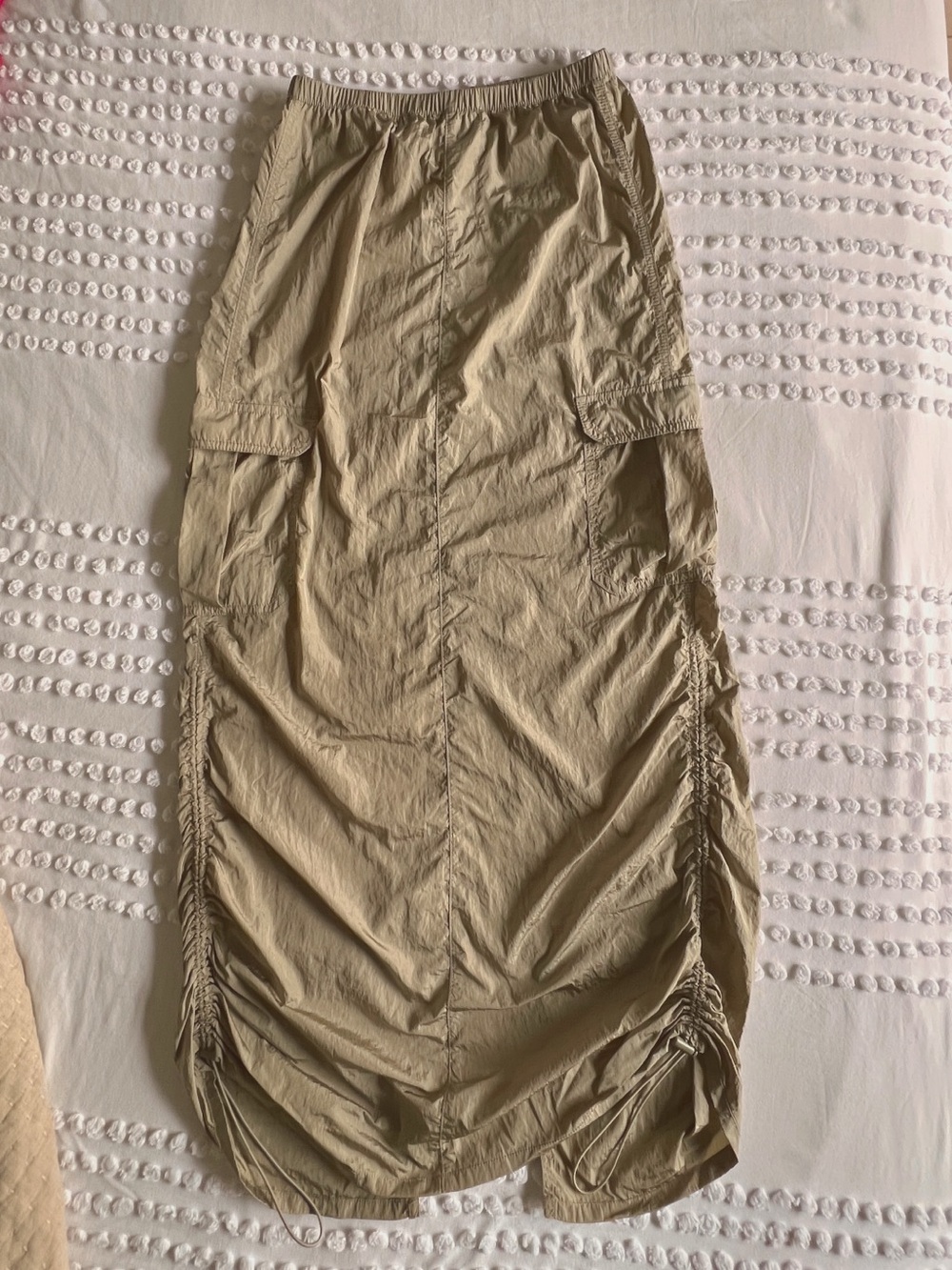 Muted Olive Green Ruched Cargo Midi Skirt